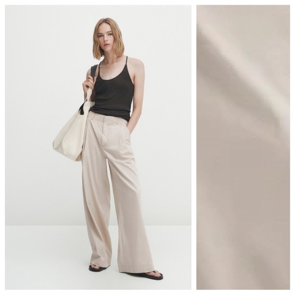 NWT. Massimo Dutti  Sand Wide-Leg Poplin Trousers with Darts. Size 8. - Picture 1 of 11